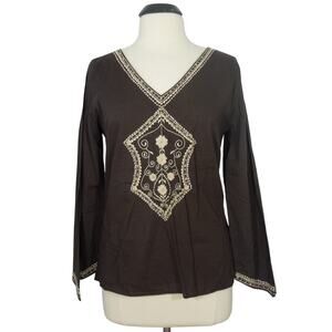 TRILOGY Blouse M MEDIUM Rampage Clothing Embroidered Brown V-Neck
